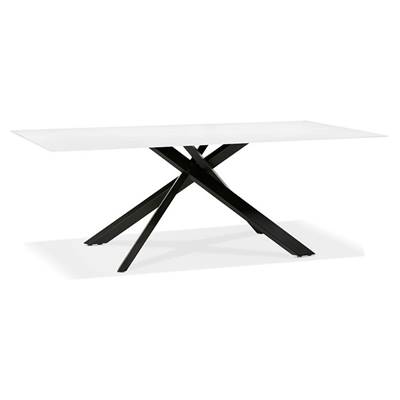 Table de salle à manger 'Tepee Verre' plateau en verre trempé blanc pieds métal noir - 200 x 100 cm
