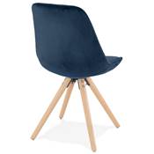Chaise design 'Firenza' en velours bleue avec 4 pieds en bois naturel