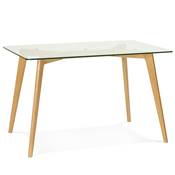 Table  diner / bureau droit scandinave 'Skanr' plateau verre 4 pieds en bois naturel - 120 x 80 cm