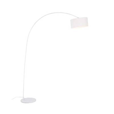 Lampadaire design 'Gooseneck' abat-jour rond en tissu blanc structure et socle en métal blanc