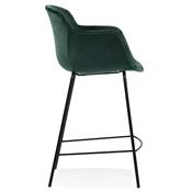 Tabouret de snack design à accoudoirs 'CARINO MINI' en velours vert 4 pieds métal noir dossier haut
