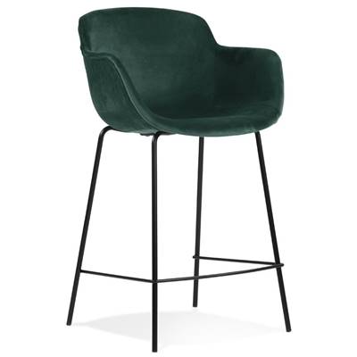 Tabouret de snack design à accoudoirs 'CARINO MINI' en velours vert 4 pieds métal noir dossier haut