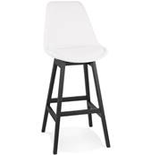 Tabouret de bar design scandinave 'Chairman Black Edition' en tissu bouclé blanc avec 4 pieds en bois noir et dossier haut