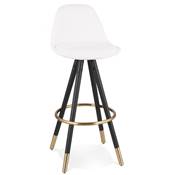 Tabouret de bar 'Moden' tissu bouclé blanc 4 pieds bois noir repose pieds et pieds doré dossier haut