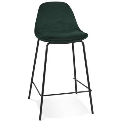 Tabouret snack mi-hauteur style baroque 'Tekno Mini' en velours vert 4 pieds métal noir dossier haut