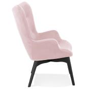 Fauteuil à oreilles capitonné design 'ELEGAN' en velours rose pieds en bois noir