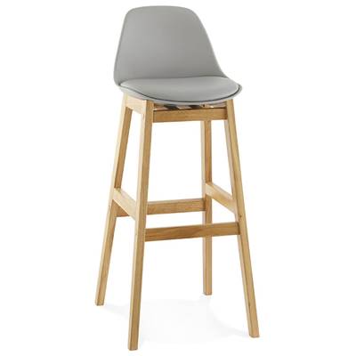Tabouret de bar design scandinave 'Topo' gris avec 4 pieds en bois naturel et dossier haut