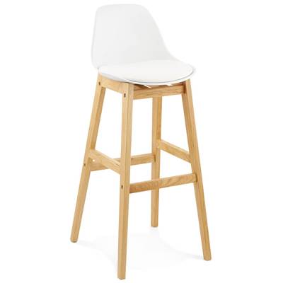 Tabouret de bar design scandinave 'Topo' blanc avec 4 pieds en bois naturel et dossier haut