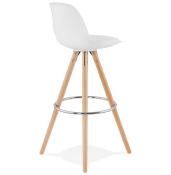 Tabouret de bar scandinave 'Circle' blanc 4 pieds bois et repose pieds en métal chromé dossier haut