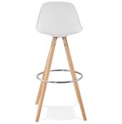 Tabouret de bar scandinave 'Circle' blanc 4 pieds bois et repose pieds en métal chromé dossier haut