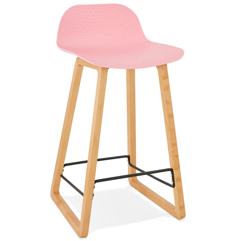 Tabouret de snack mi-hauteur design scandinave 'Skala' rose pieds tréteaux bois naturel dossier bas