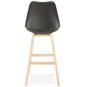 Tabouret de bar design scandinave 'Chairman' noir avec 4 pieds en bois naturel et dossier haut