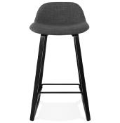 Tabouret de snack mi-hauteur scandinave 'Skala Black Edition' tissu gris foncé pieds bois noir dossier bas