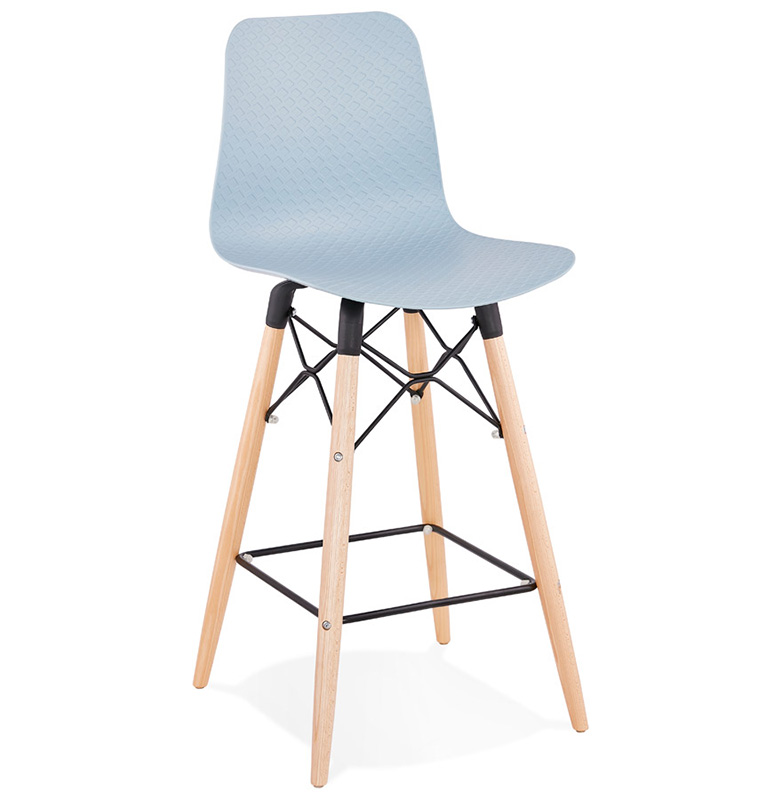 Tabouret de snack mi-hauteur scandinave 'Slakwood Mini' bleu 4 pieds bois repose pieds dossier haut