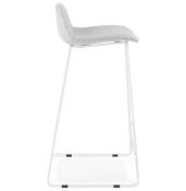 Tabouret de bar design 'Steel' tissu gris clair pieds tréteaux repose pieds métal blanc dossier bas