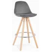 Tabouret snack mi-hauteur scandinave 'CIRCLE MINI' velours gris 4 pieds bois et chromé dossier haut