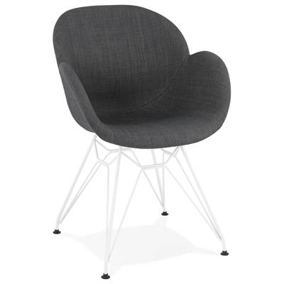 Chaise style industriel design à accoudoirs 'LOTUS' en tissu gris foncé avec 4 pieds en métal blanc