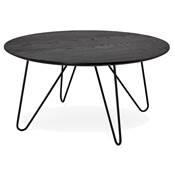 Table basse style indutriel ronde 'Cooper' plateau en bois noir 4 pieds en métal noir - Ø 80 cm