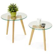 Tables basses scandinaves gigognes rondes 'Mukavä' plateau en verre 3 pieds en bois - Ø 50 cm