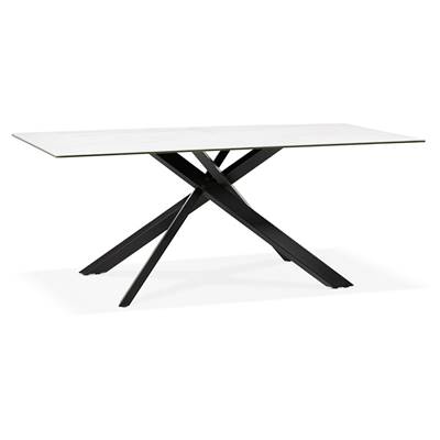 Table de salle à manger 'Tepee Ceram' plateau en céramique blanche pieds en métal noir - 180 x 90 cm