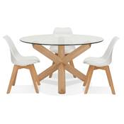 Table ronde design 'FAST GLAS' plateau en verre trempé transparent pieds Chêne massif - Ø 120 cm