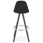 Tabouret de bar 'BLACK CIRCLE' en tissu noir 4 pieds bois noir et repose pieds chromé dossier haut