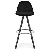Tabouret de bar 'BLACK CIRCLE' velours noir 4 pieds bois noir repose pieds métal chromé dossier haut