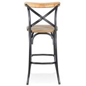 Tabouret de bar vintage 'MAKINA' bois finition noyer effet vieilli 4 pieds métal noir dossier haut