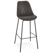 Tabouret de bar baroque 'KESKI' en microfibre grise 4 pieds et repose pieds métal noir dossier haut