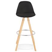 Tabouret de bar scandinave 'CIRCLE' tissu noir 4 pieds bois naturel repose pieds chromé dossier haut