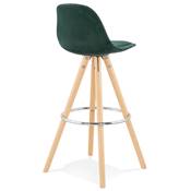 Tabouret bar scandinave 'CIRCLE' velours vert 4 pieds bois naturel repose pieds chromé dossier haut