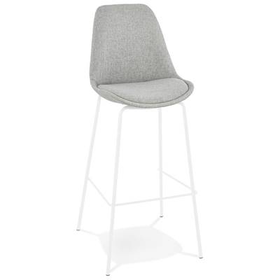 Tabouret de bar 'KESKI' en tissu gris clair 4 pieds et repose pieds en métal blanc dossier haut