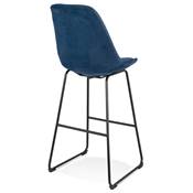 Tabouret de bar 'GUSTO' en velours bleu pieds tréteaux et repose pieds en métal noir dossier haut