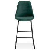 Tabouret de bar 'GUSTO' en velours vert pieds tréteaux et repose pieds en métal noir dossier haut