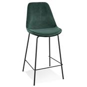Tabouret de snack mi-hauteur baroque 'KESKI MINI' en velours vert 4 pieds en métal noir dossier haut