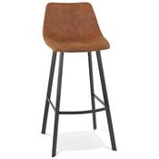 Tabouret de bar design 'KAFTY MINI' en microfibre marron avec 4 pieds en métal noir dossier haut