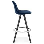 Tabouret snack mi-hauteur 'BLACK CIRCLE MINI' velours bleu 4 pieds bois noir et chromé dossier haut