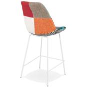 Tabouret de snack mi-hauteur 'KESKI MINI' tissu patchwork mulitcolor 4 piedsmétal blanc dossier haut