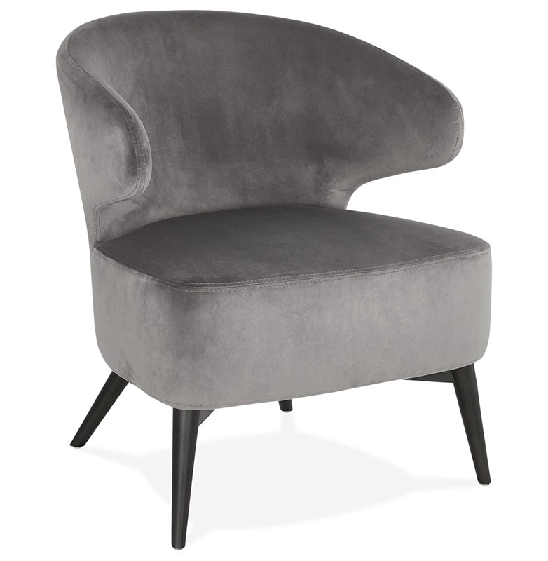 Fauteuil lounge design à accoudoirs 'BLACK COBBE' en velours gris pieds en bois noir