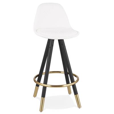 Tabouret de snack mi-hauteur 'Moden Mini' tissu bouclé blanc 4 pieds bois noir et doré dossier haut