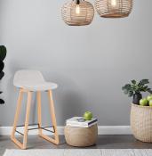 Tabouret de snack mi-hauteur scandinave 'Skala' tissu gris clair pieds tréteaux bois et dossier bas