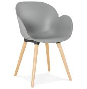 Chaise design scandinave à accoudoirs 'Lotusträ' grise avec 4 pieds en bois naturel