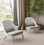 Fauteuil lounge design de style scandinave 'LUKE' assise en tissu gris, structure blanche et pieds en bois naturel