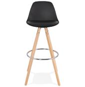 Tabouret de bar scandinave 'Circle' noir 4 pieds bois et repose pieds en métal chromé dossier haut