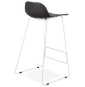 Tabouret de bar design 'Steel' noir pieds tréteaux et repose pieds en métal blanc et dossier bas