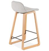 Tabouret de snack mi-hauteur scandinave 'Skala' tissu gris clair pieds tréteaux bois et dossier bas