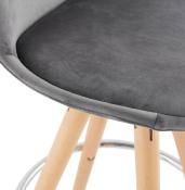 Tabouret snack mi-hauteur scandinave 'CIRCLE MINI' velours gris 4 pieds bois et chromé dossier haut