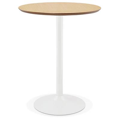 Table de bar haute design ronde 'Standup' mange debout en bois naturel pied central en métal blanc