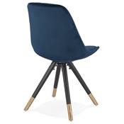Chaise design 'Modena' en velours bleue avec 4 pieds en bois noir et métal brossé doré