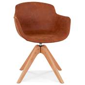 Chaise design style scandinave à accoudoirs 'VOGAN' en microfibre marron avec 4 pieds bois naturel
